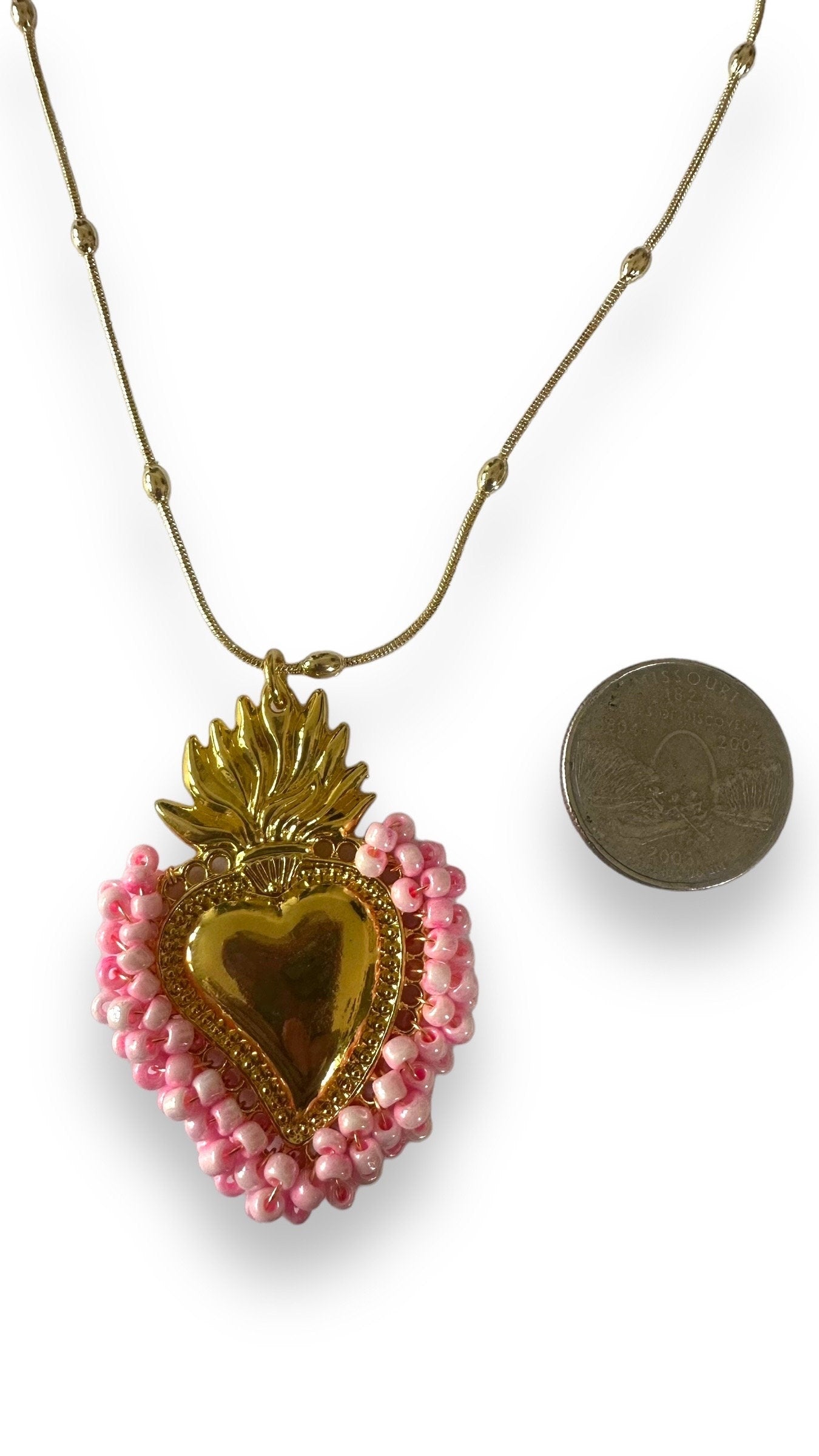 Gold Sacred Heart Necklace With Rose Pink Beads
