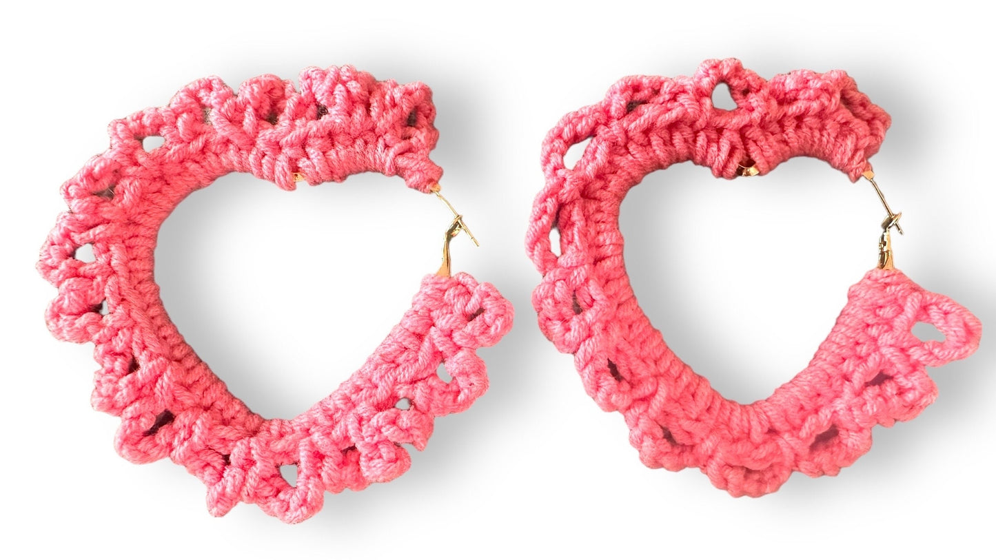 Coqueta Pink Crochet Heart Hoops