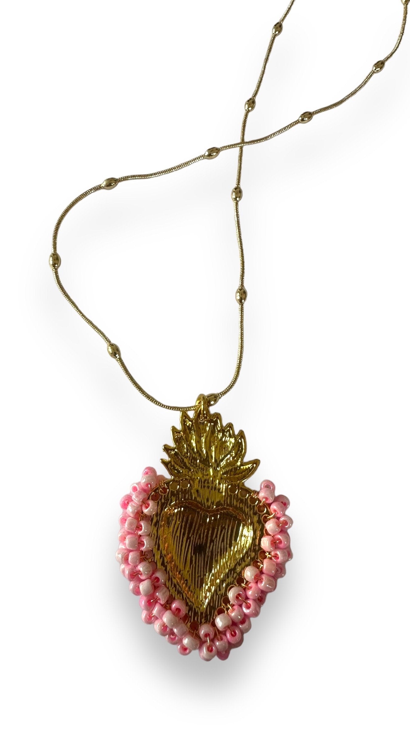 Gold Sacred Heart Necklace With Rose Pink Beads