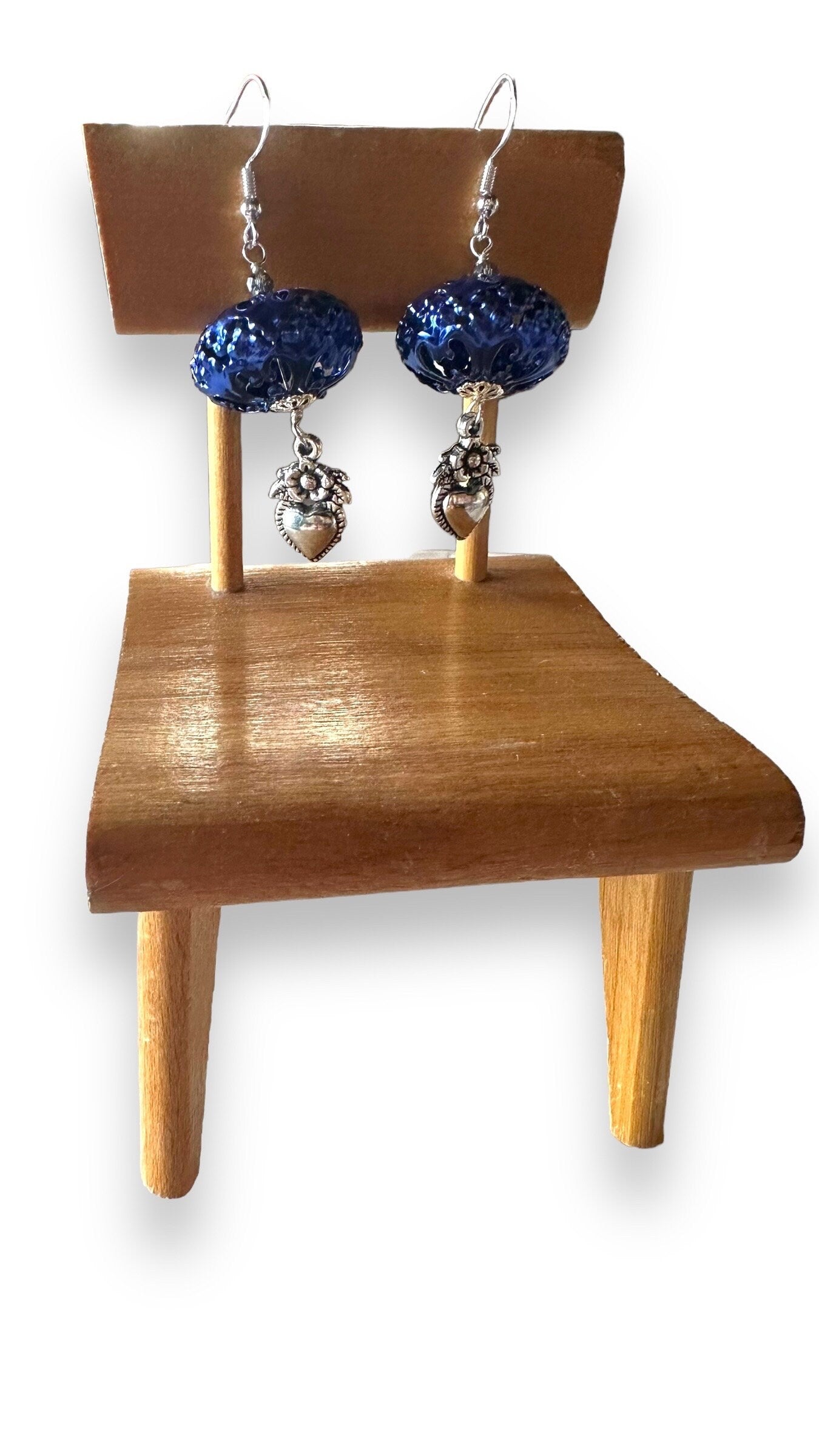 I Love LA Earrings, filigree and sacred hearts wire wrapped with sterling silver