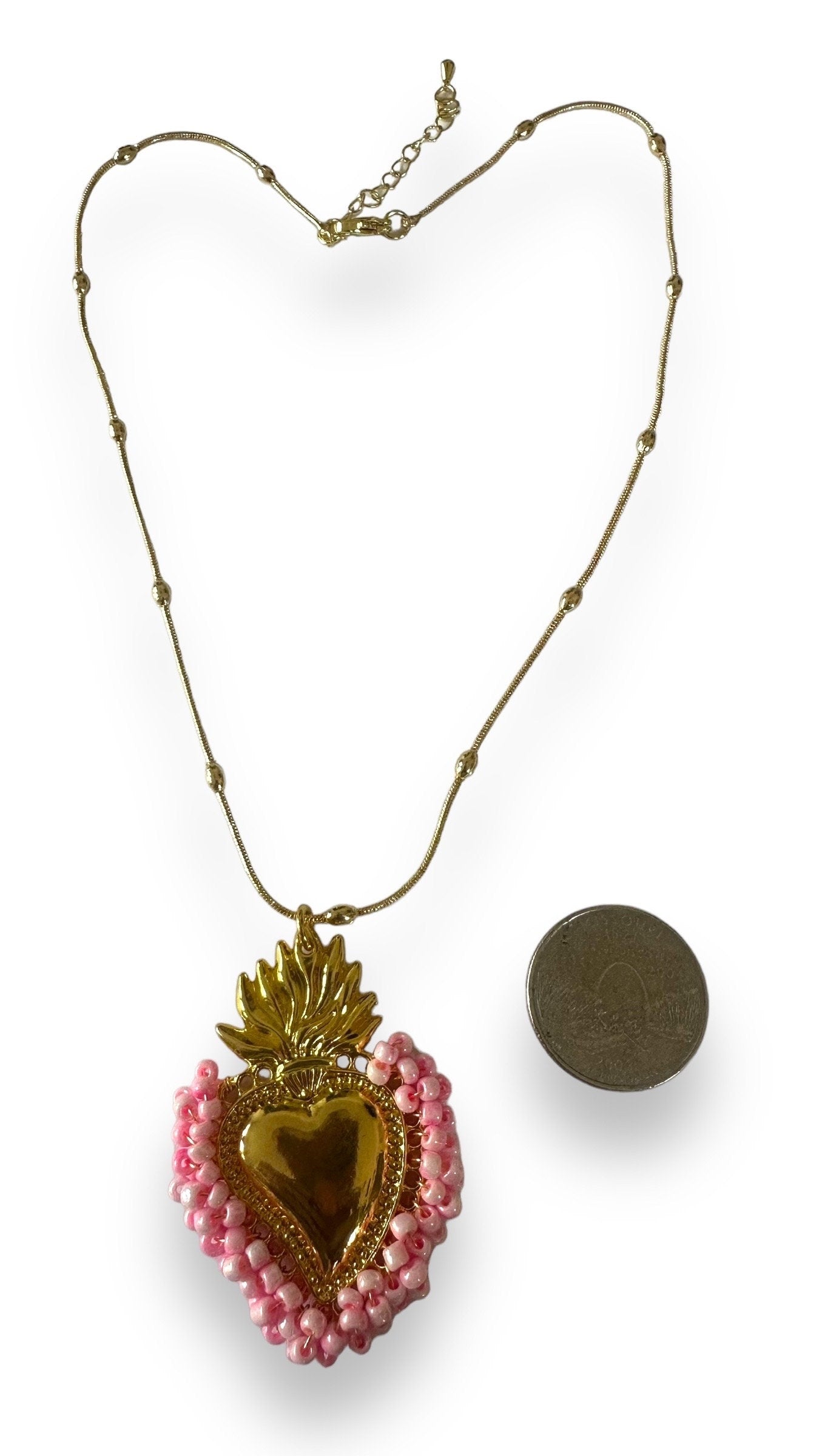 Gold Sacred Heart Necklace With Rose Pink Beads
