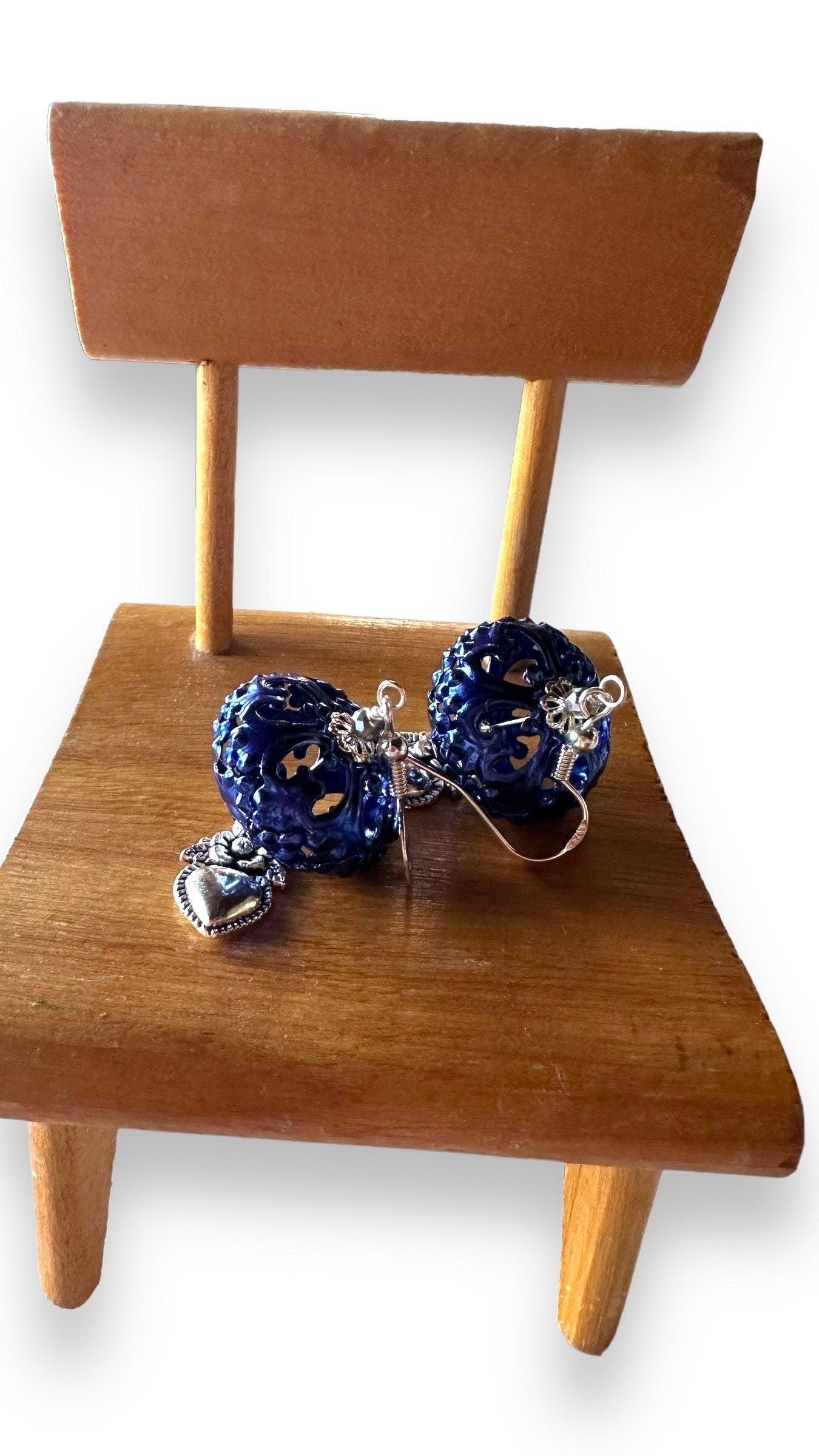 I Love LA Earrings, filigree and sacred hearts wire wrapped with sterling silver