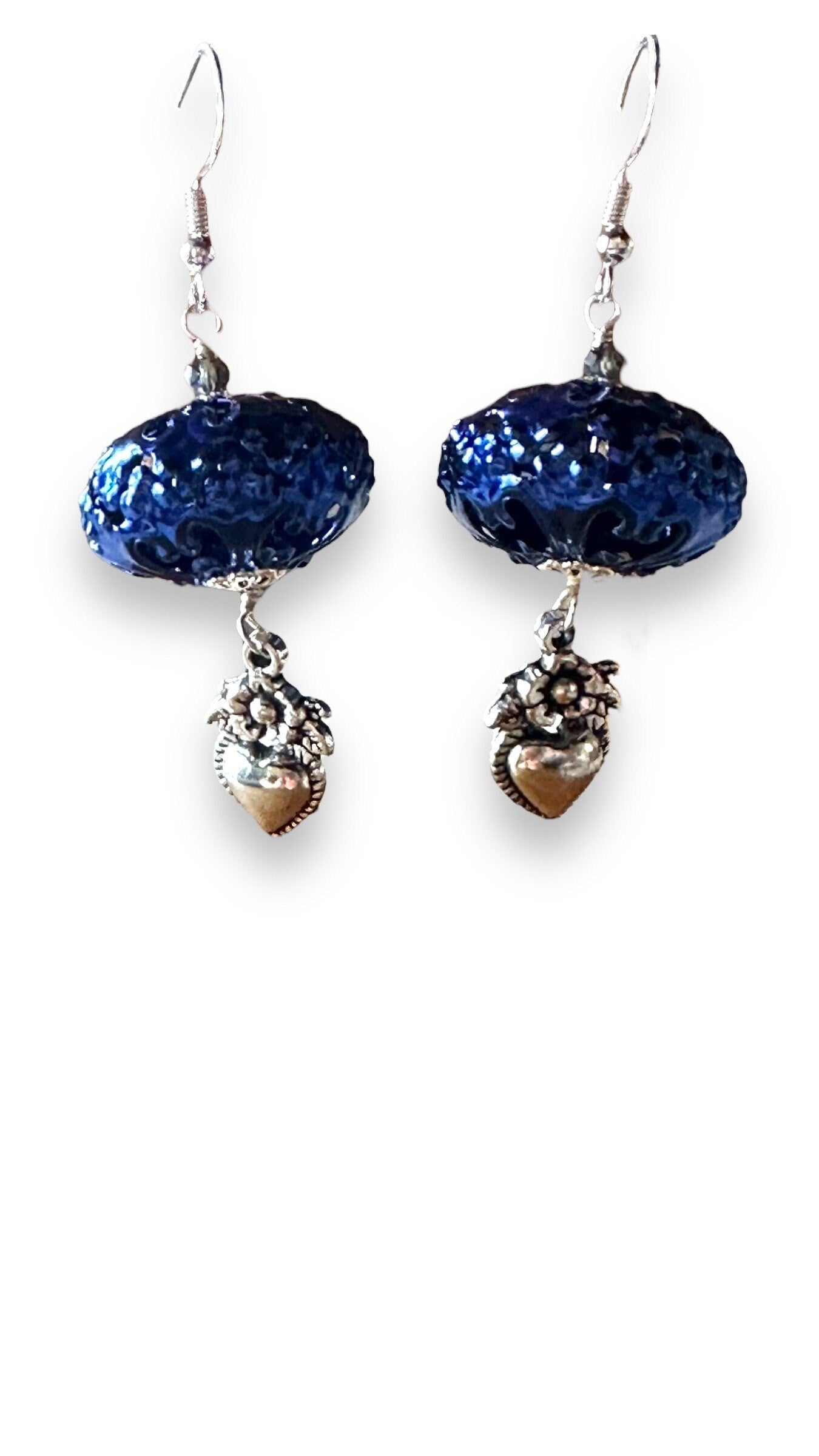 I Love LA Earrings, filigree and sacred hearts wire wrapped with sterling silver
