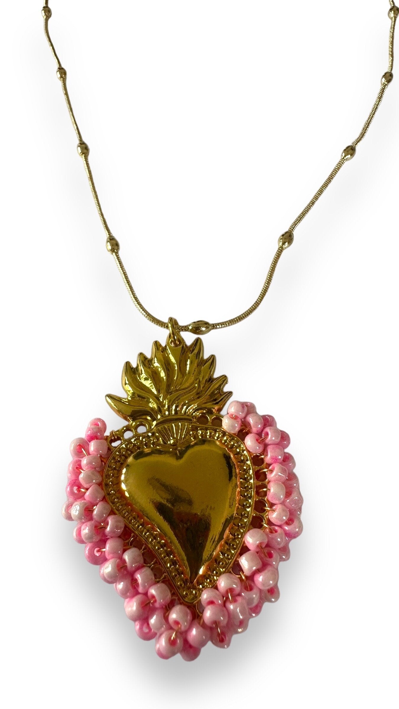 Gold Sacred Heart Necklace With Rose Pink Beads