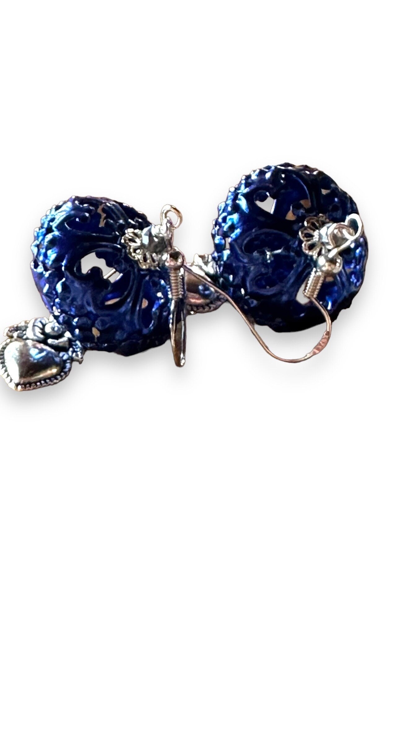 I Love LA Earrings, filigree and sacred hearts wire wrapped with sterling silver