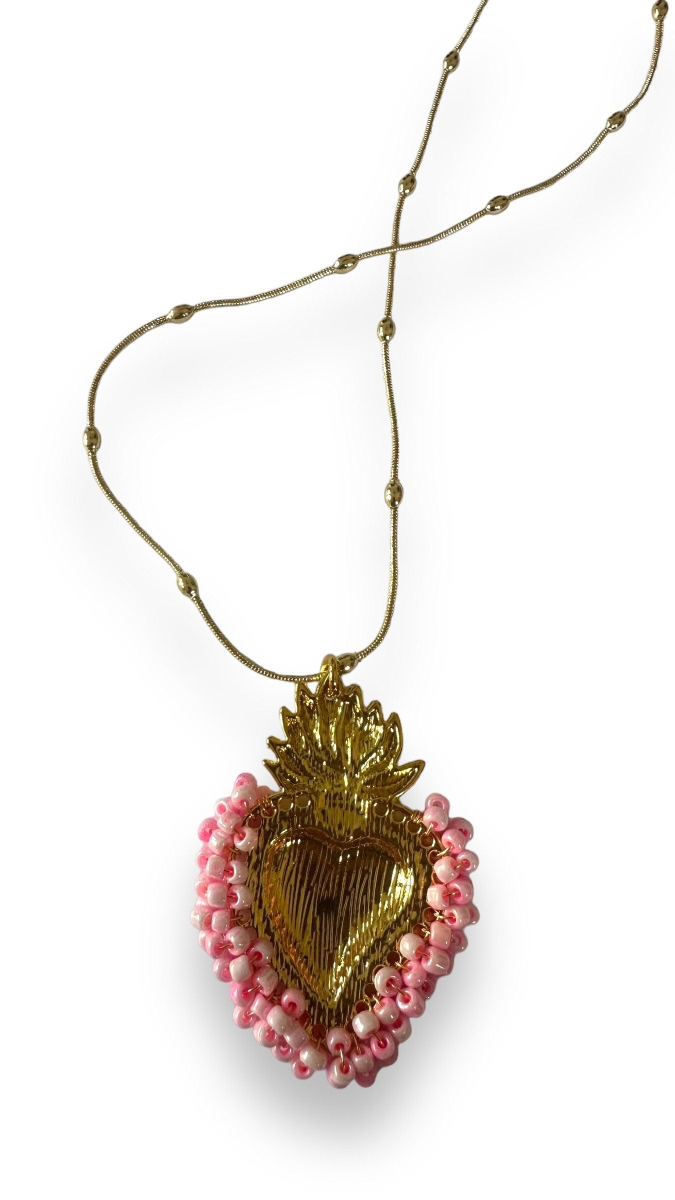 Gold Sacred Heart Necklace With Rose Pink Beads