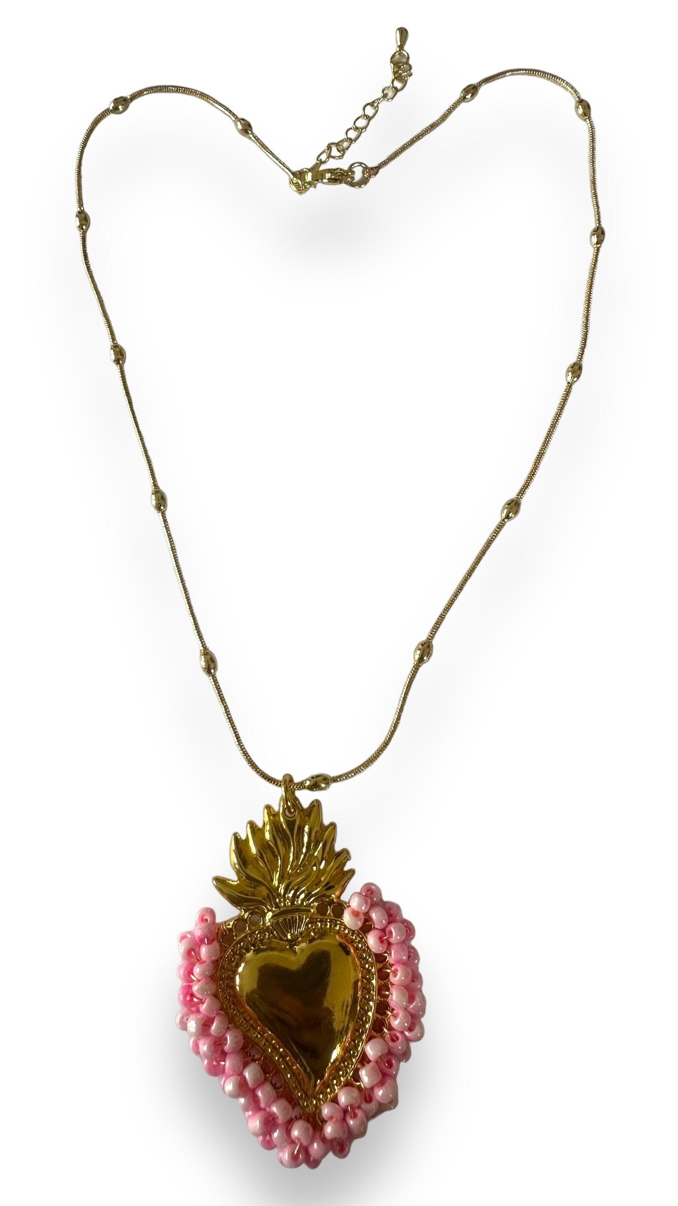 Gold Sacred Heart Necklace With Rose Pink Beads