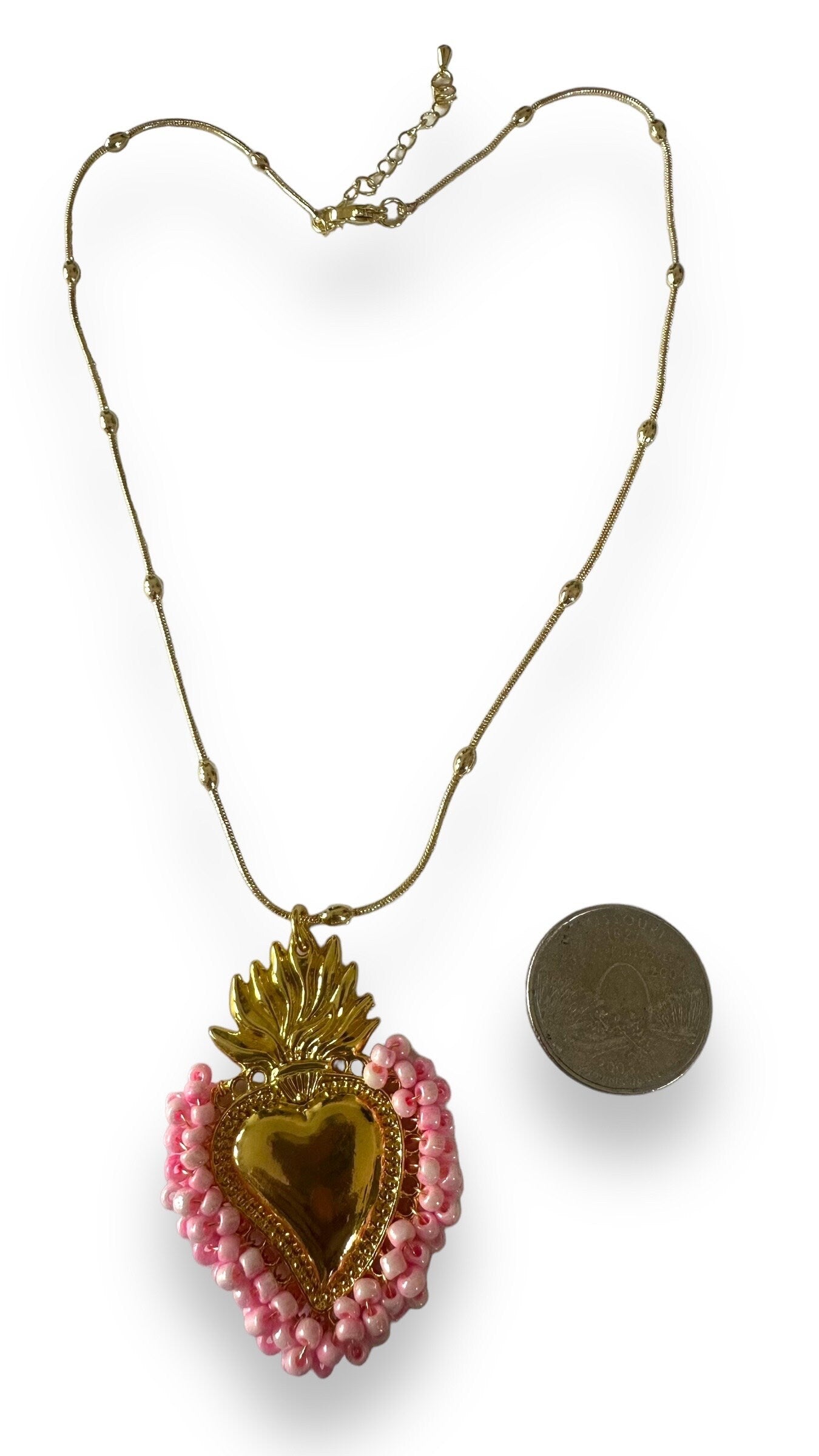 Gold Sacred Heart Necklace With Rose Pink Beads