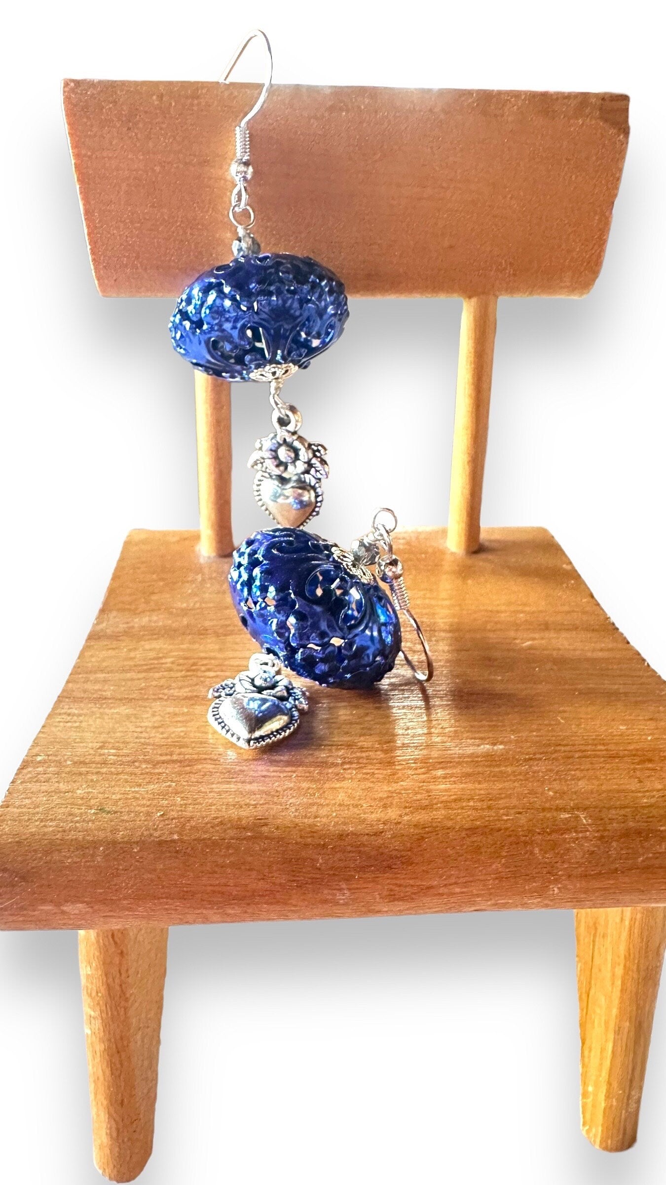 I Love LA Earrings, filigree and sacred hearts wire wrapped with sterling silver