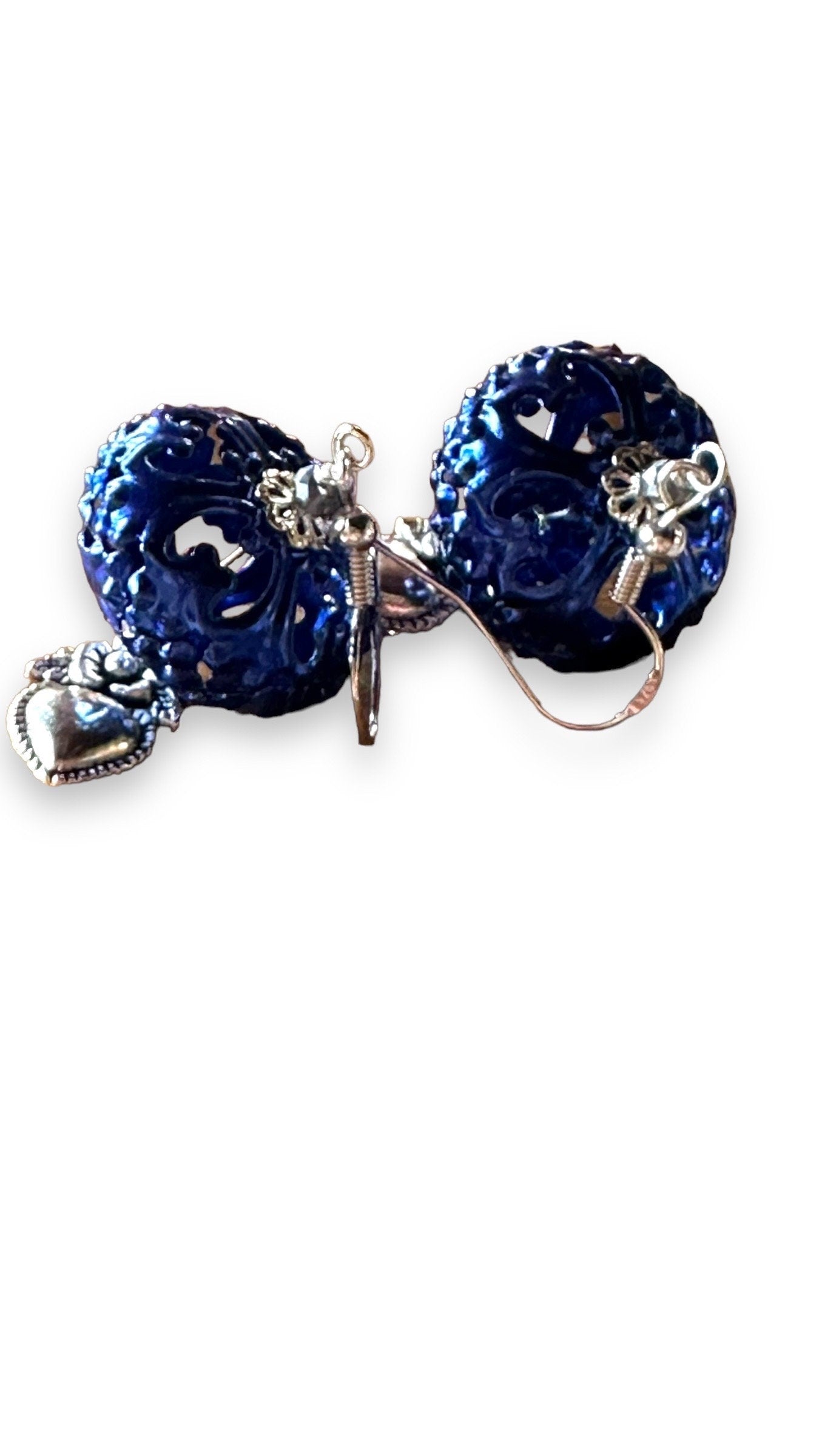 I Love LA Earrings, filigree and sacred hearts wire wrapped with sterling silver