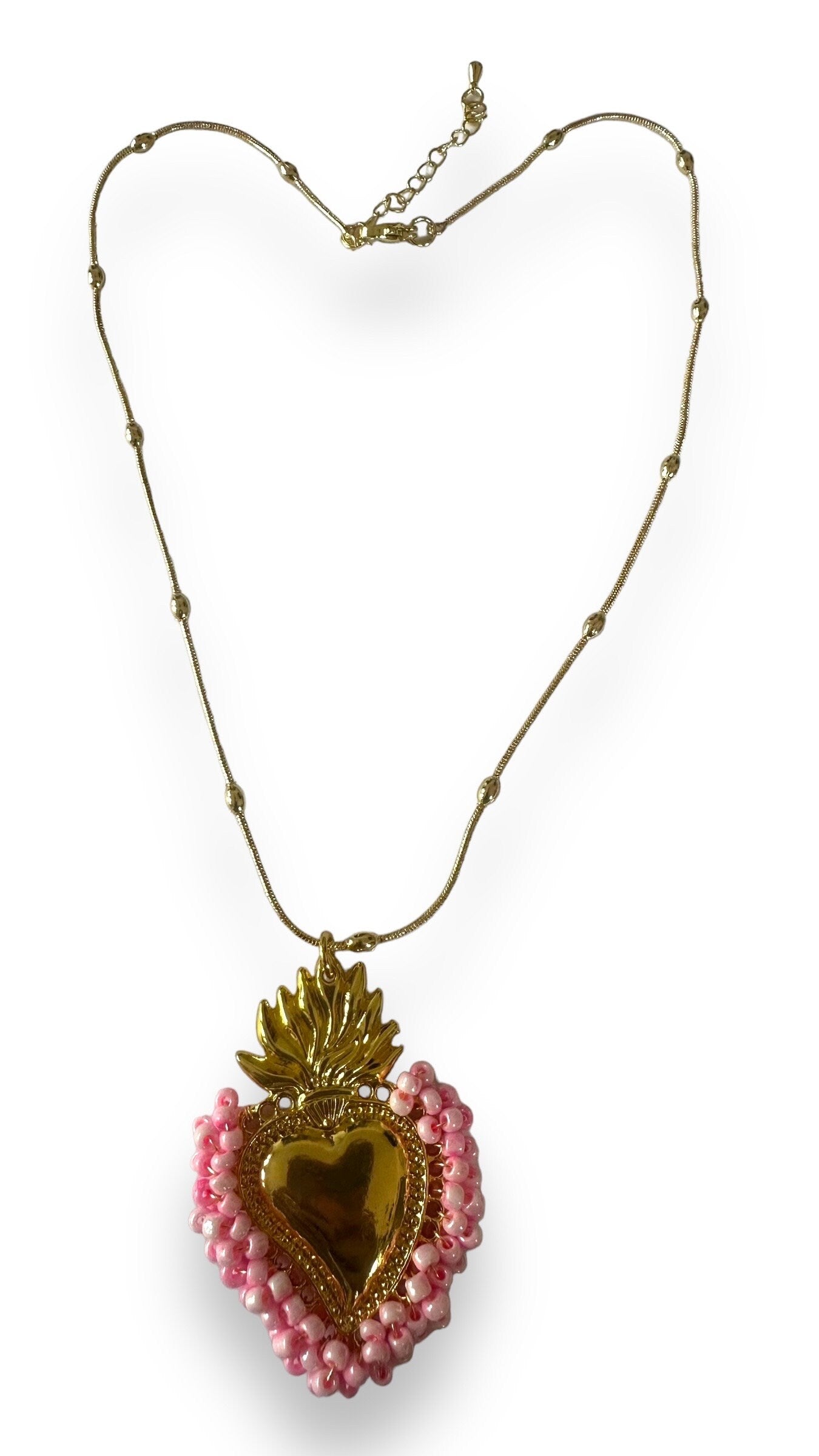 Gold Sacred Heart Necklace With Rose Pink Beads