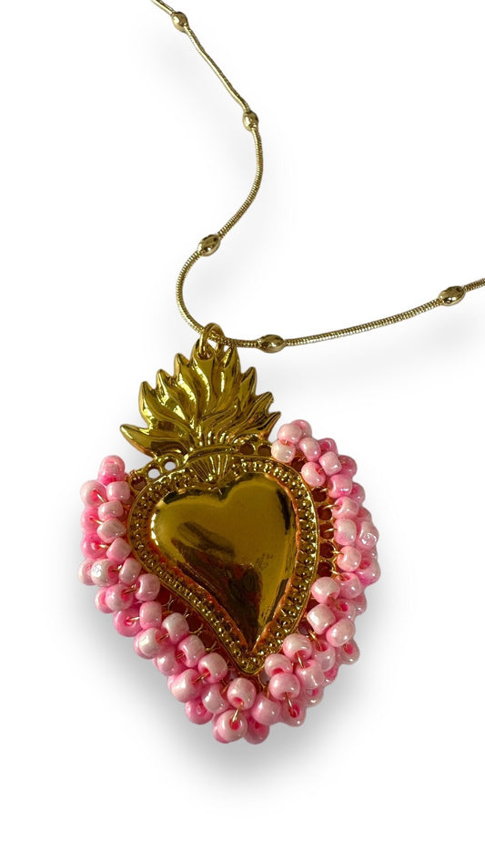 Gold Sacred Heart Necklace With Rose Pink Beads