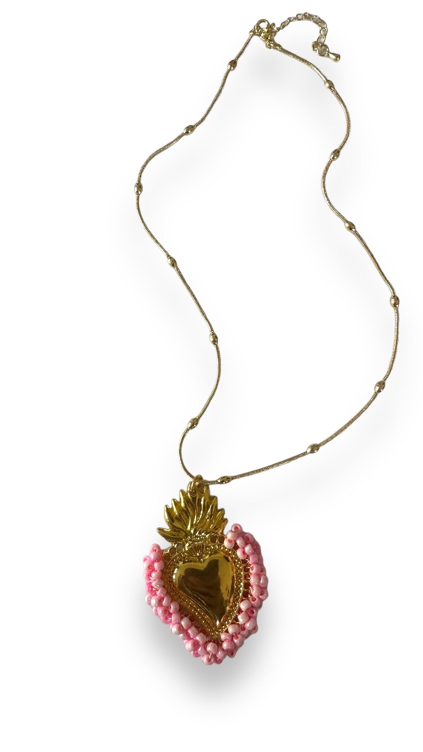 Gold Sacred Heart Necklace With Rose Pink Beads