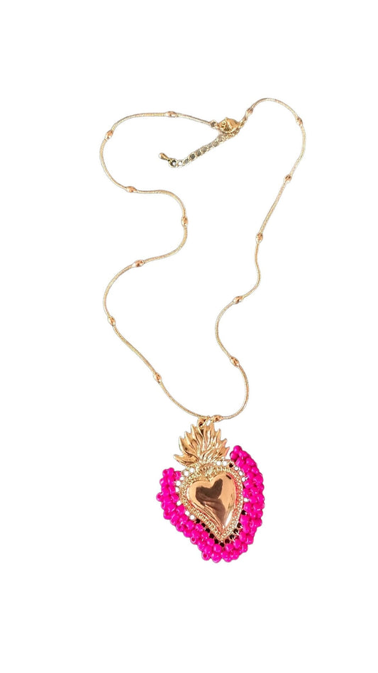 Gold Sacred Heart Necklace With Fuchsia Beads