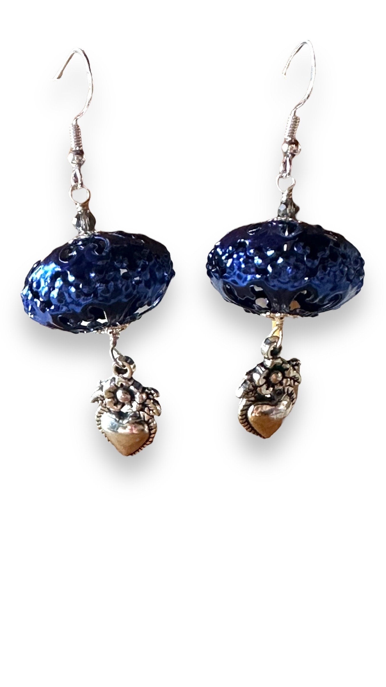 I Love LA Earrings, filigree and sacred hearts wire wrapped with sterling silver