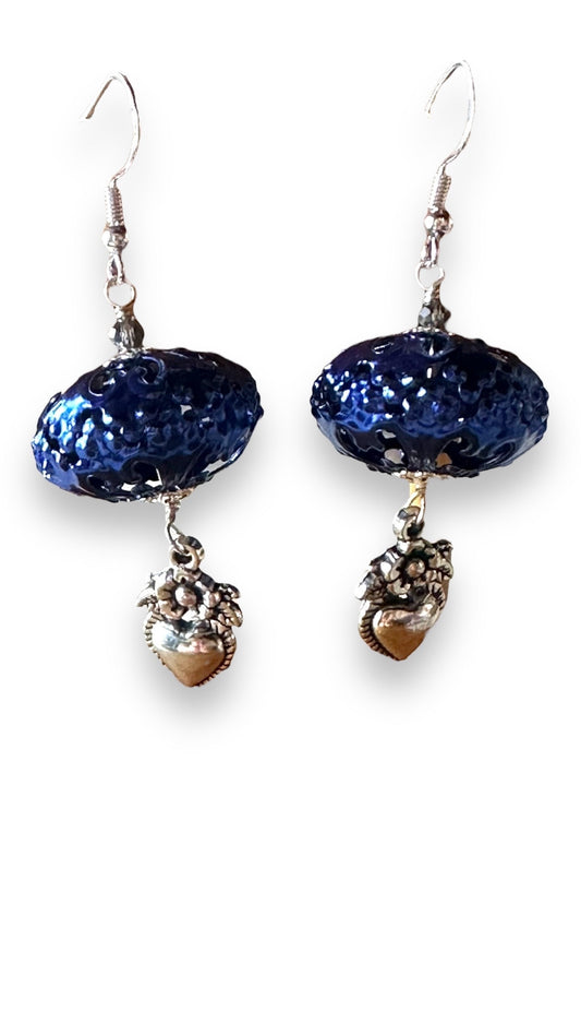 I Love LA Earrings, filigree and sacred hearts wire wrapped with sterling silver