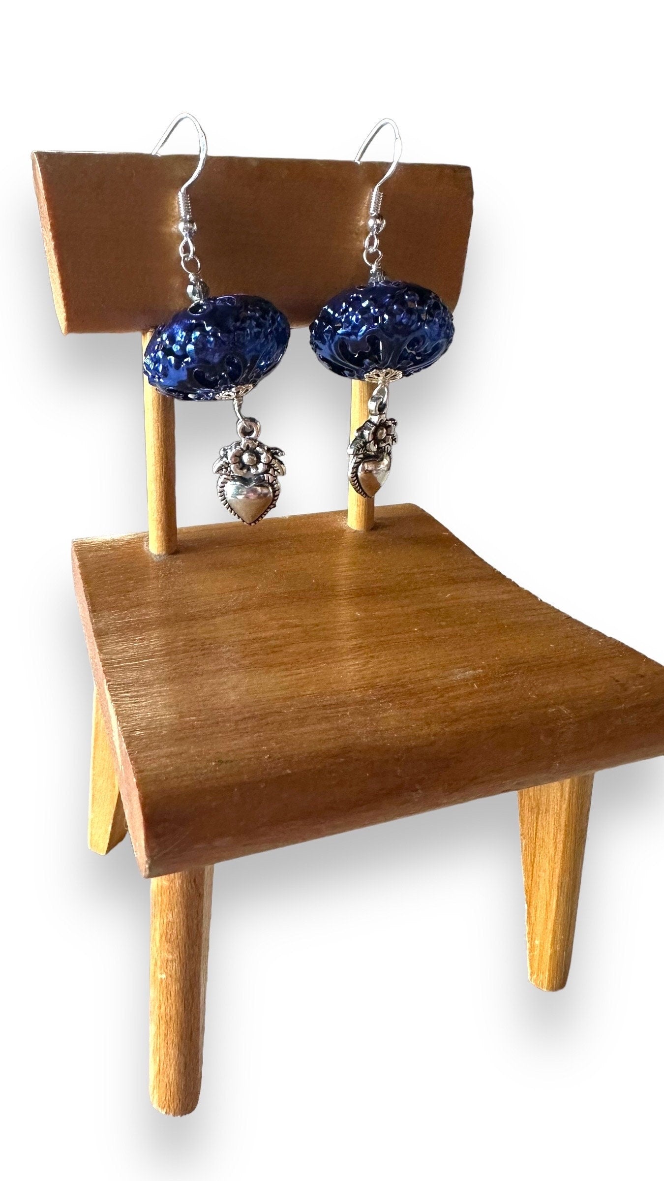 I Love LA Earrings, filigree and sacred hearts wire wrapped with sterling silver