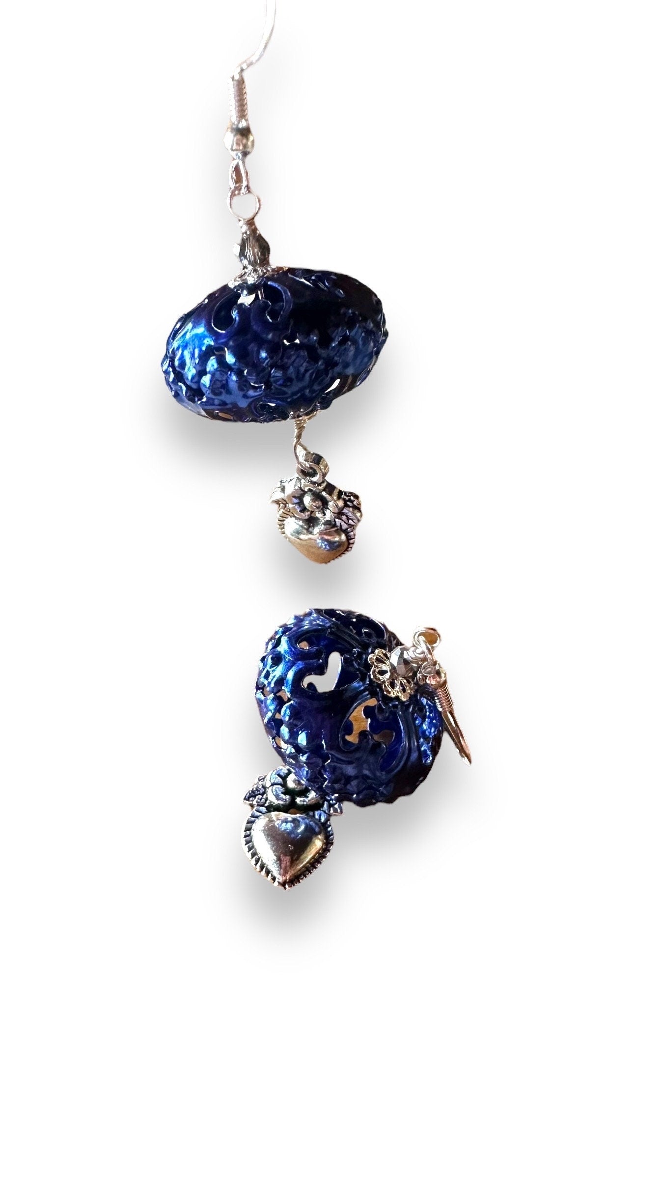 I Love LA Earrings, filigree and sacred hearts wire wrapped with sterling silver